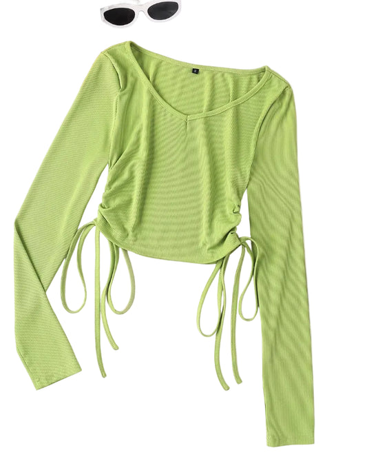 Ribbed Knit V-Neck Long Sleeve Drawstring Pullover Top