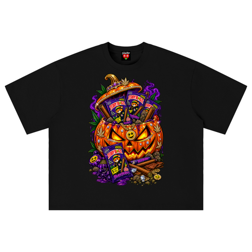 A black short-sleeve t-shirt with a colorful graphic print of a jack-o'-lantern surrounded by purple witch hats, purple bags, and gold coins on a plain white background.