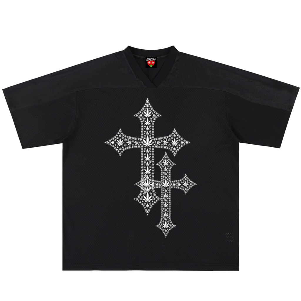 A black short-sleeve V-neck t-shirt featuring a large, intricate silver cross graphic on the front, displayed flat against a solid white background.