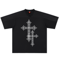 A black short-sleeve V-neck t-shirt featuring a large, intricate silver cross graphic on the front, displayed flat against a solid white background.