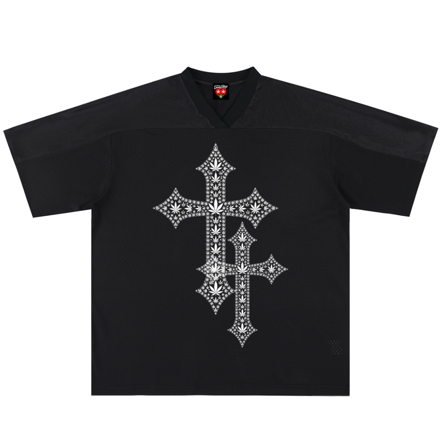 A black short-sleeve V-neck t-shirt featuring a large, intricate silver cross graphic on the front, displayed flat against a solid white background.