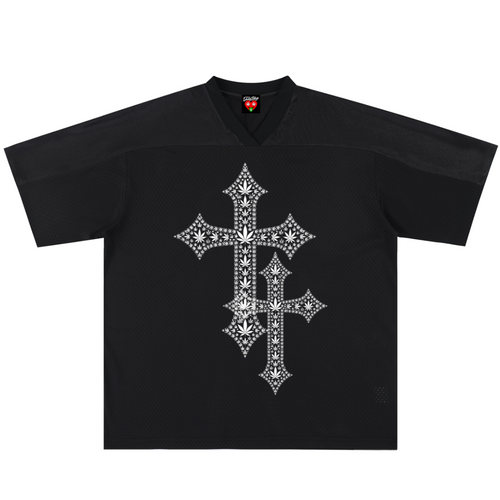 A black short-sleeve V-neck t-shirt featuring a large, intricate silver cross graphic on the front, displayed flat against a solid white background.