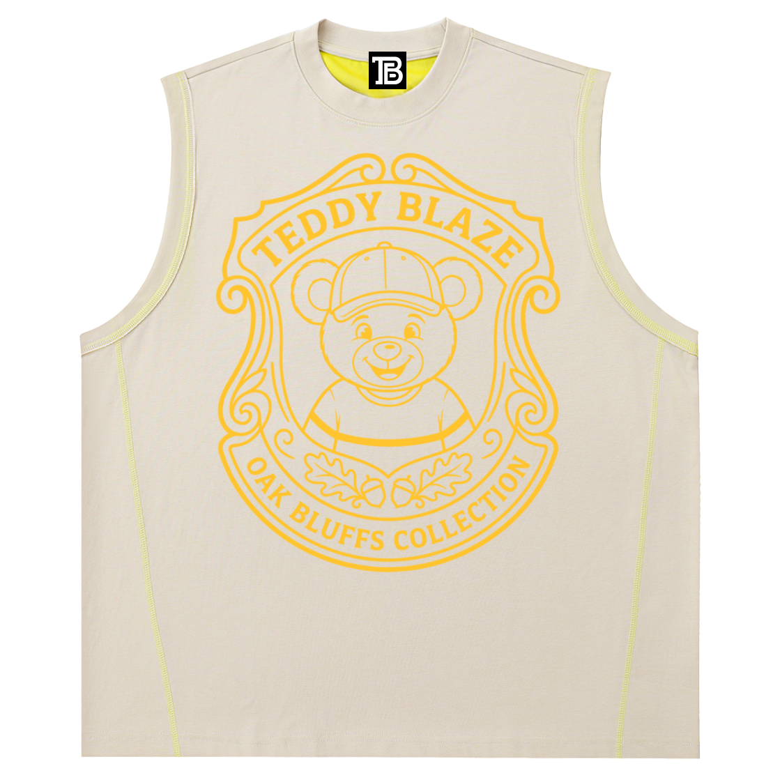 Beige sleeveless shirt with yellow graphic and 'Teddy Blaze' branding on a white background