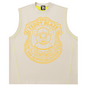 Beige sleeveless shirt with yellow graphic and 'Teddy Blaze' branding on a white background