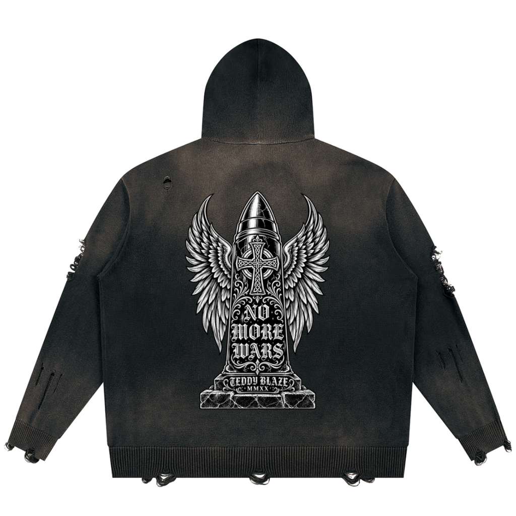 Elevate your distressed outerwear with the House of Teddy Blaze Collateral Damage Zip Hoodie. Vintage black 760 gsm pure cotton, sun-faded wash, distressed ripped details, zip front, and gothic "No More Wars" back graphic. Shop NYC to Vegas style.