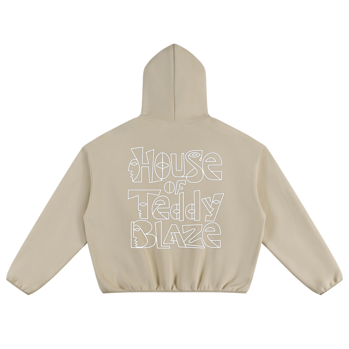 A beige cropped hoodie shown from the back, featuring the text 'House of Teddy Blaze' printed in a white outline font across the center.