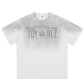 White t-shirt with a black logo on a white background