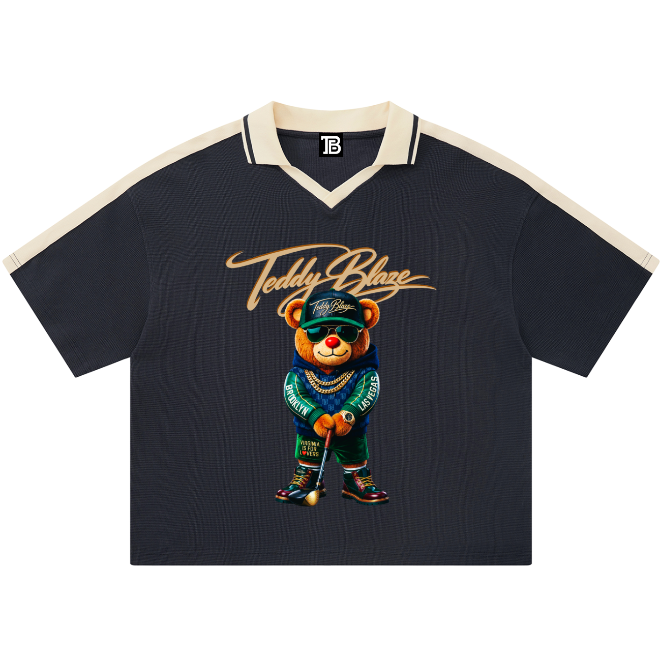 Black t-shirt with a colorful bear graphic and 'Teddy Blase' text on a white background