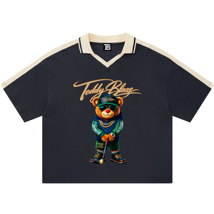 Black t-shirt with a colorful bear graphic and 'Teddy Blase' text on a white background