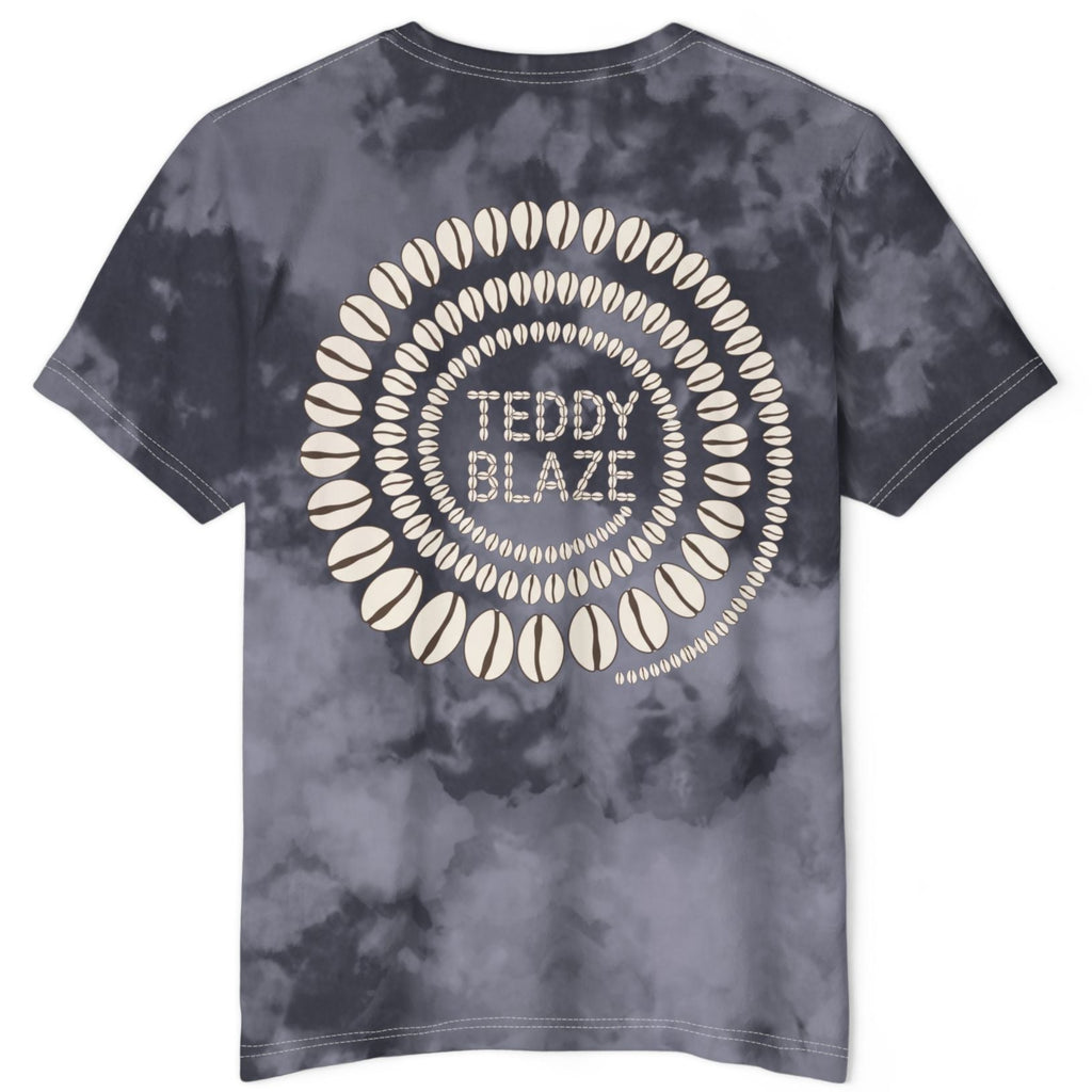 A short-sleeve crewneck t-shirt with a dark gray and black tie-dye pattern, featuring a large circular graphic on the back with the text 'TEDDY BLAZE' surrounded by a ring of shell-like illustrations.