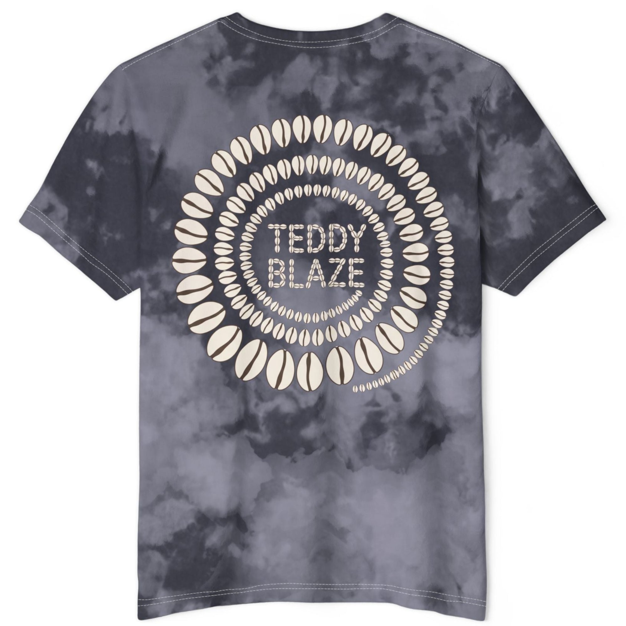 A short-sleeve crewneck t-shirt with a dark gray and black tie-dye pattern, featuring a large circular graphic on the back with the text 'TEDDY BLAZE' surrounded by a ring of shell-like illustrations.