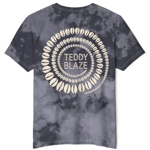 A short-sleeve crewneck t-shirt with a dark gray and black tie-dye pattern, featuring a large circular graphic on the back with the text 'TEDDY BLAZE' surrounded by a ring of shell-like illustrations.