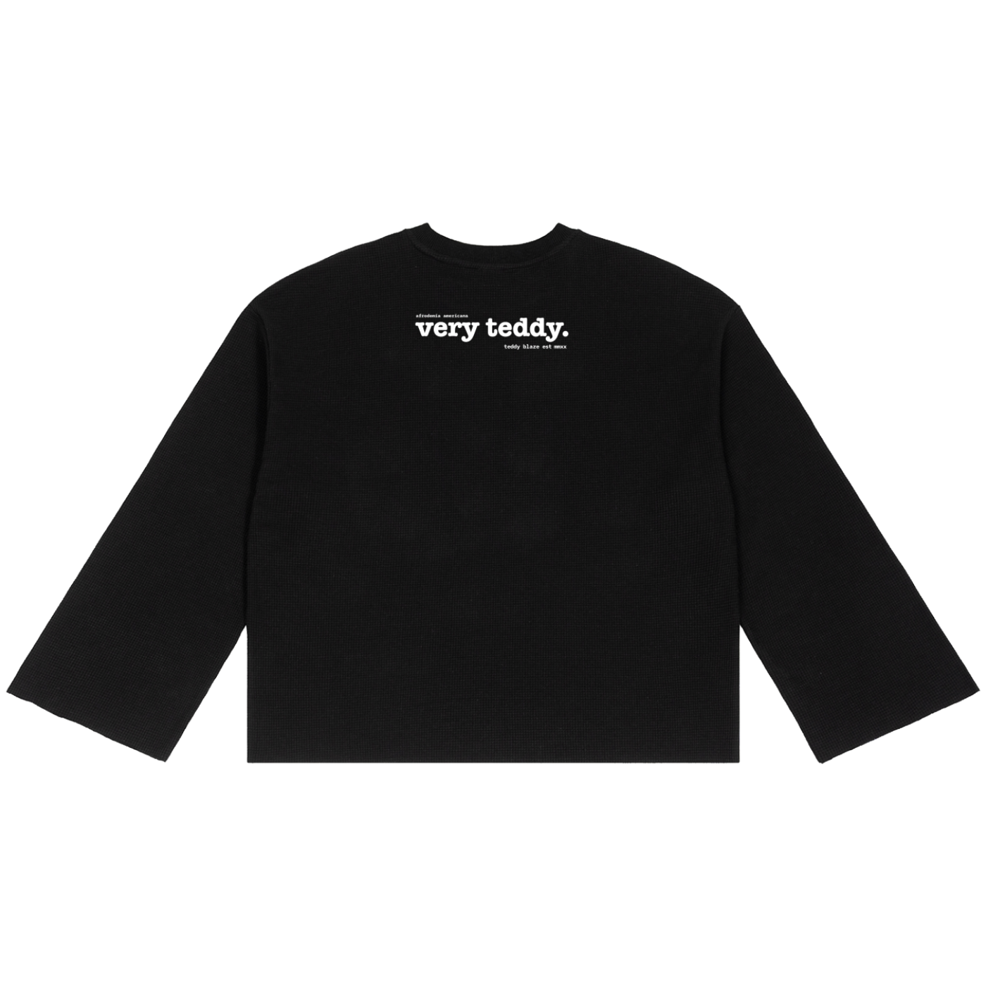 Black waffle-knit jumper featuring Teddy Blaze Afrodemia Americana iconography, a roomy unisex silhouette, raw-edge detailing and VERY TEDDY signature.