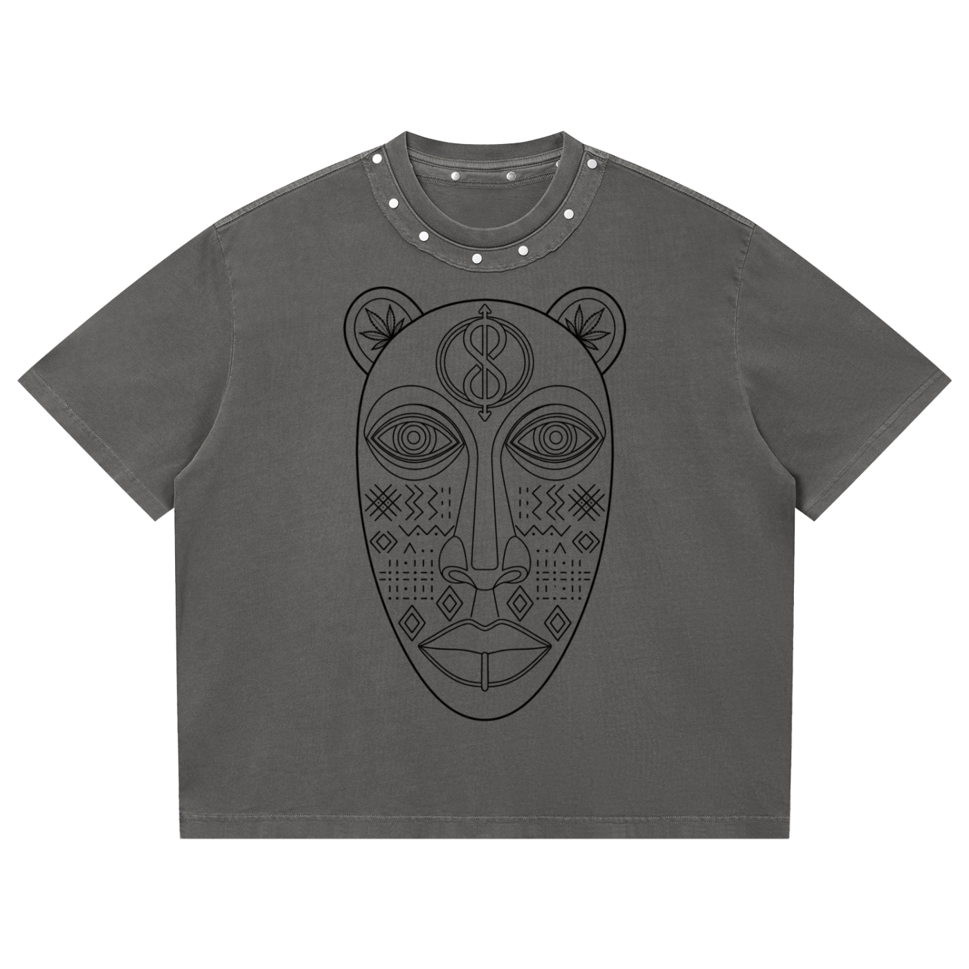 Gray t-shirt with studded collar on a white background