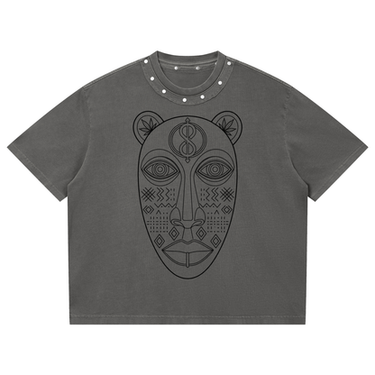 Gray t-shirt with studded collar on a white background