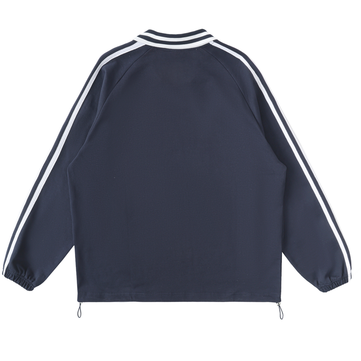 Navy jacket with white stripes on sleeves and neckline on a white background