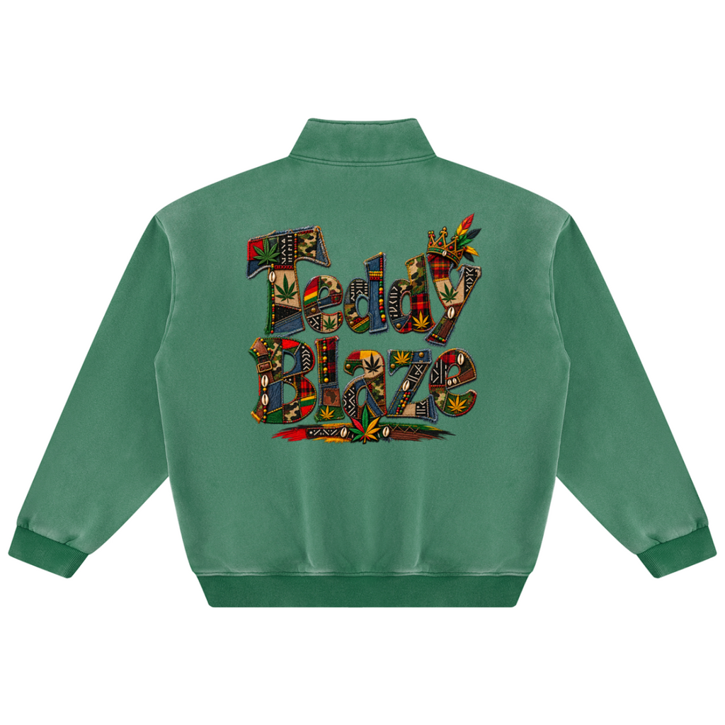 Extra-thick Teddy Blaze vintage wash quarter zip featuring Boho Bearatoo and signature patchwork artwork. Heavyweight unisex fleece in washed green.