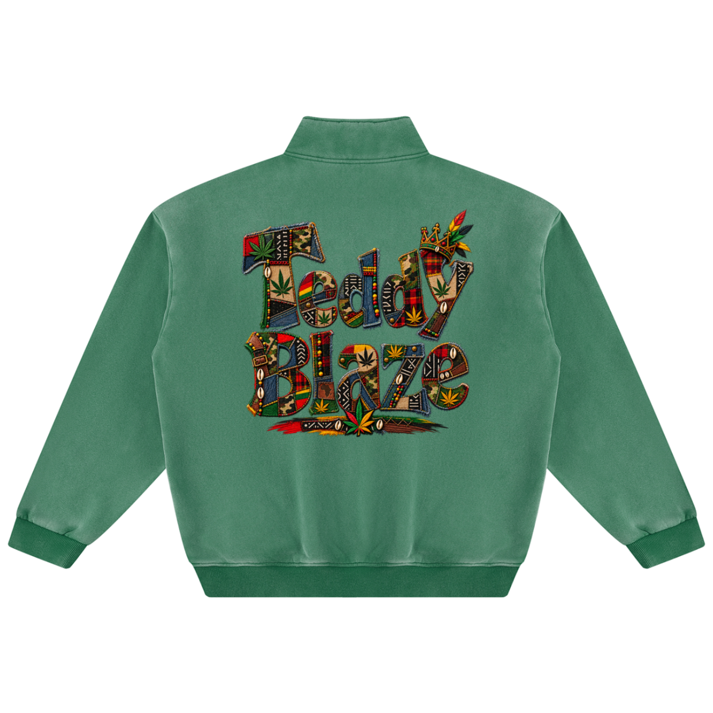 Extra-thick Teddy Blaze vintage wash quarter zip featuring Boho Bearatoo and signature patchwork artwork. Heavyweight unisex fleece in washed green.