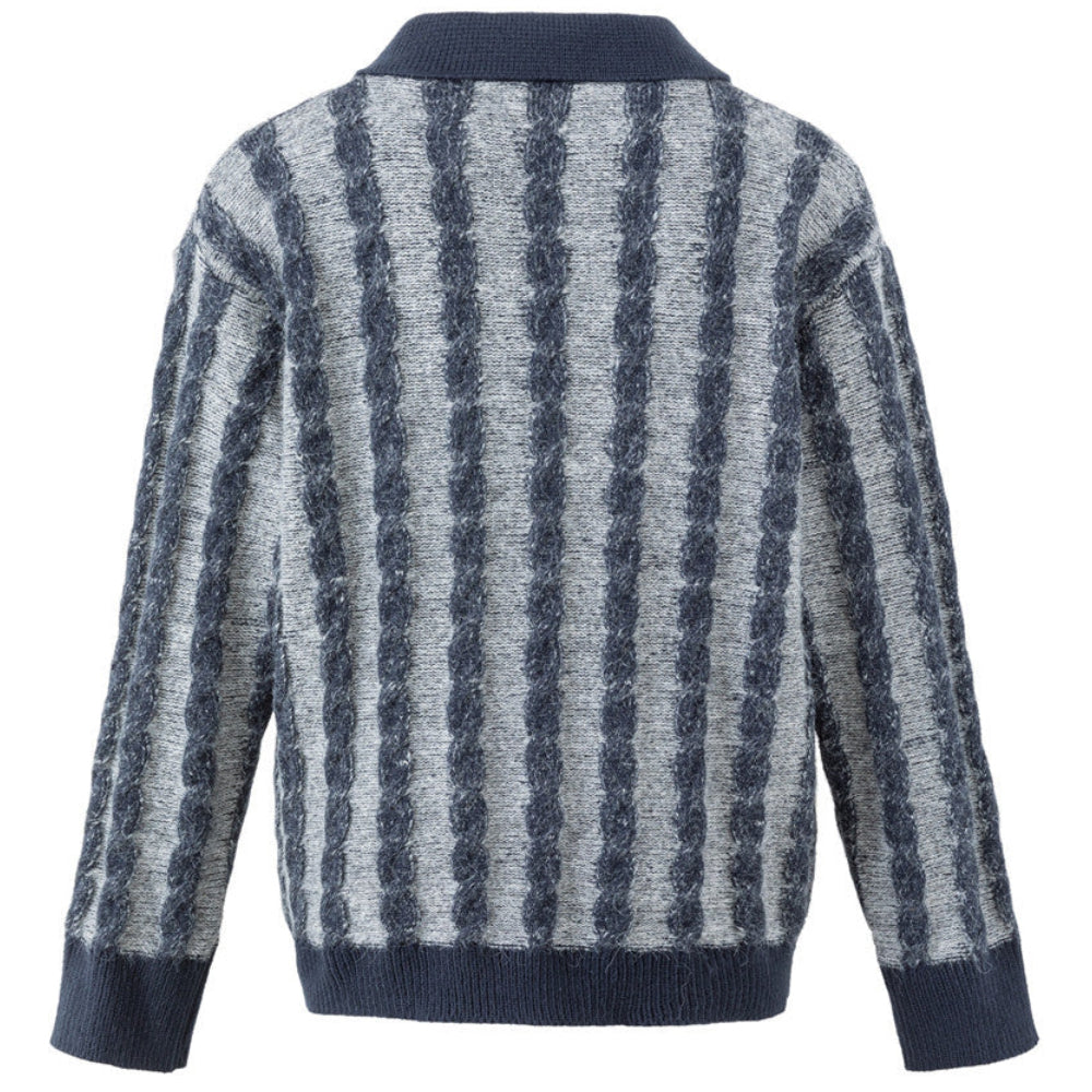 Shop the Iron + Ivy Cable Stripe Polo Sweater by Teddy Blaze. Loose fit navy blue and heather grey vertical cable-striped knit sweater with a buttoned polo collar.