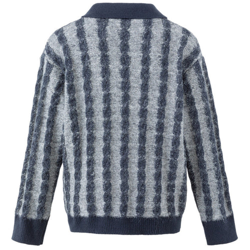 Shop the Iron + Ivy Cable Stripe Polo Sweater by Teddy Blaze. Loose fit navy blue and heather grey vertical cable-striped knit sweater with a buttoned polo collar.