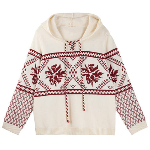Shop the Iron + Ivy Alpine Snowflake Lace-Up Hooded Sweater by Teddy Blaze. Rich anchor red jacquard knit hooded sweater featuring snowflake motifs and a laced neck tie.