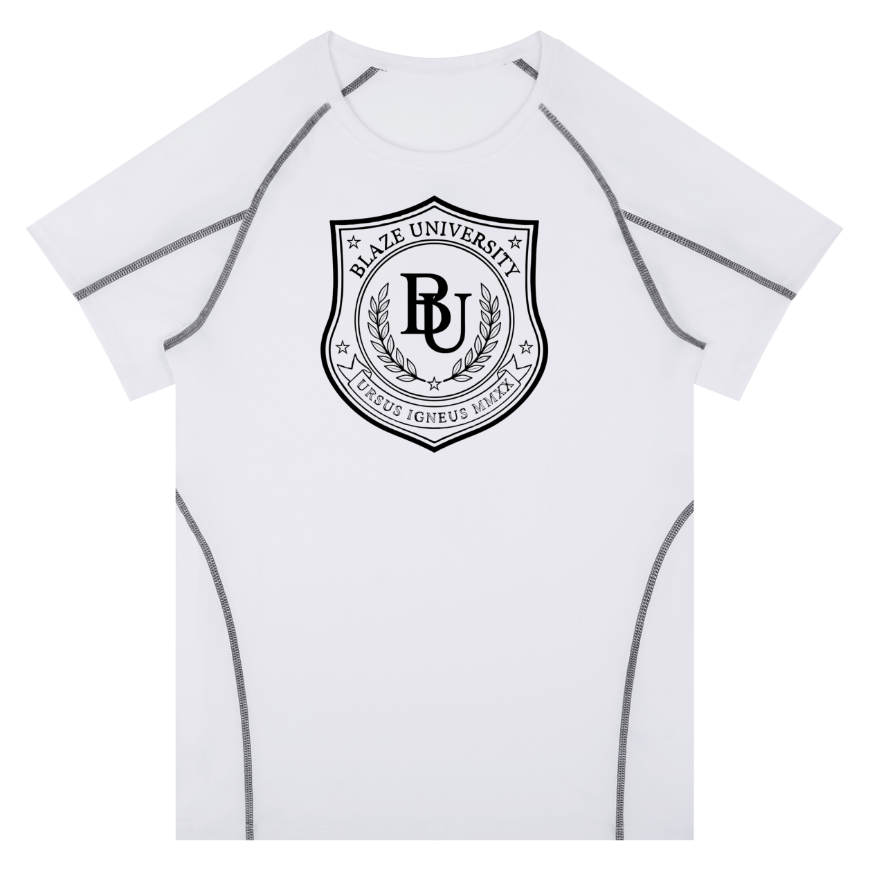 White athletic shirt with black logo on a white background