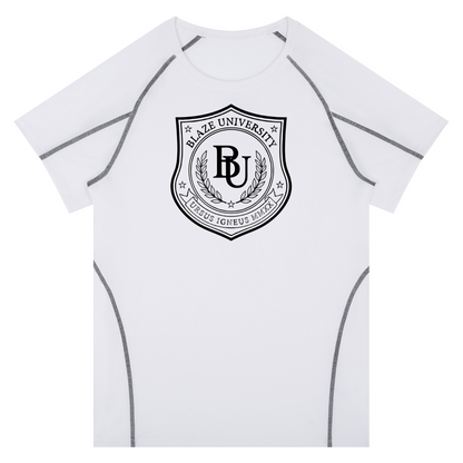 White athletic shirt with black logo on a white background
