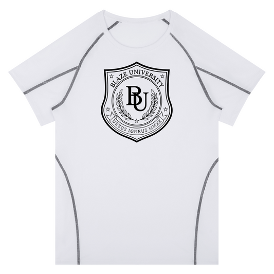 White athletic shirt with black logo on a white background