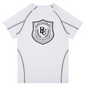 White athletic shirt with black logo on a white background