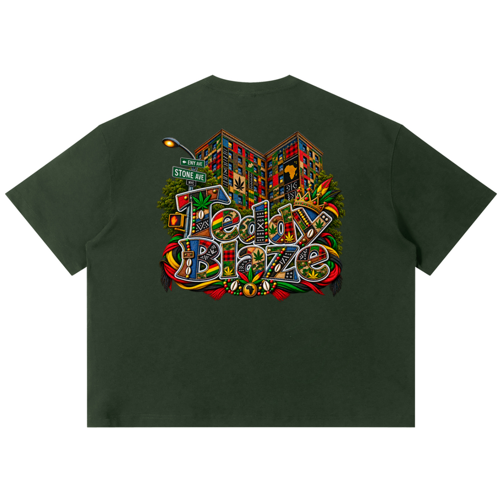 Shop the Teddy Blaze Boho ENY Sorona Boxy Tee, a relaxed unisex graphic tee featuring Teddy Blaze Boho and Brooklyn-inspired ENY artwork.
