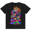 A black short-sleeve crewneck t-shirt featuring a vibrant, multicolored graphic of a crowned skull wearing cannabis leaf sunglasses, with dripping paint effects and the text 'TEDDY BLAZE' below.