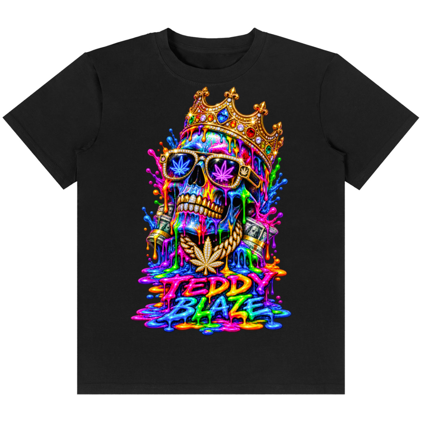 A black short-sleeve crewneck t-shirt featuring a vibrant, multicolored graphic of a crowned skull wearing cannabis leaf sunglasses, with dripping paint effects and the text 'TEDDY BLAZE' below.