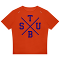 A bright orange short-sleeve t-shirt with a blue graphic on the chest featuring the letters T, S, U, and B arranged around a crossed 'X' design, shown on a plain white background.