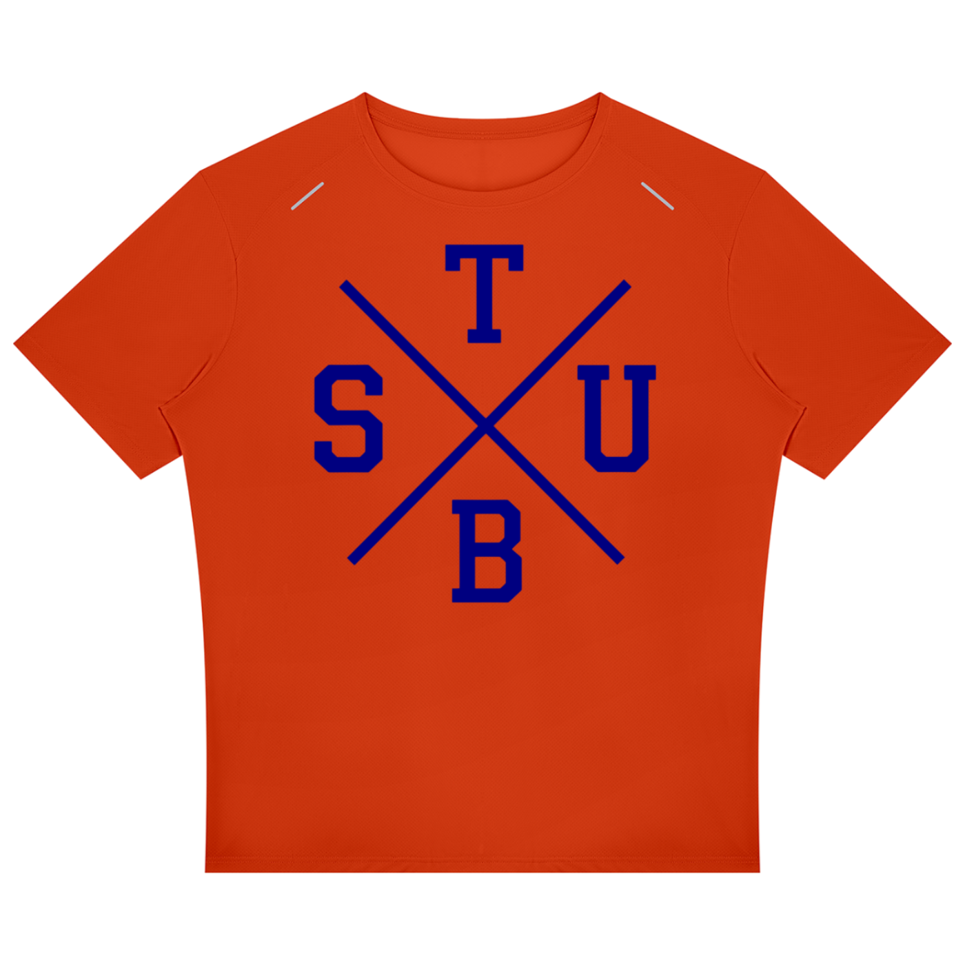 A bright orange short-sleeve t-shirt with a blue graphic on the chest featuring the letters T, S, U, and B arranged around a crossed 'X' design, shown on a plain white background.