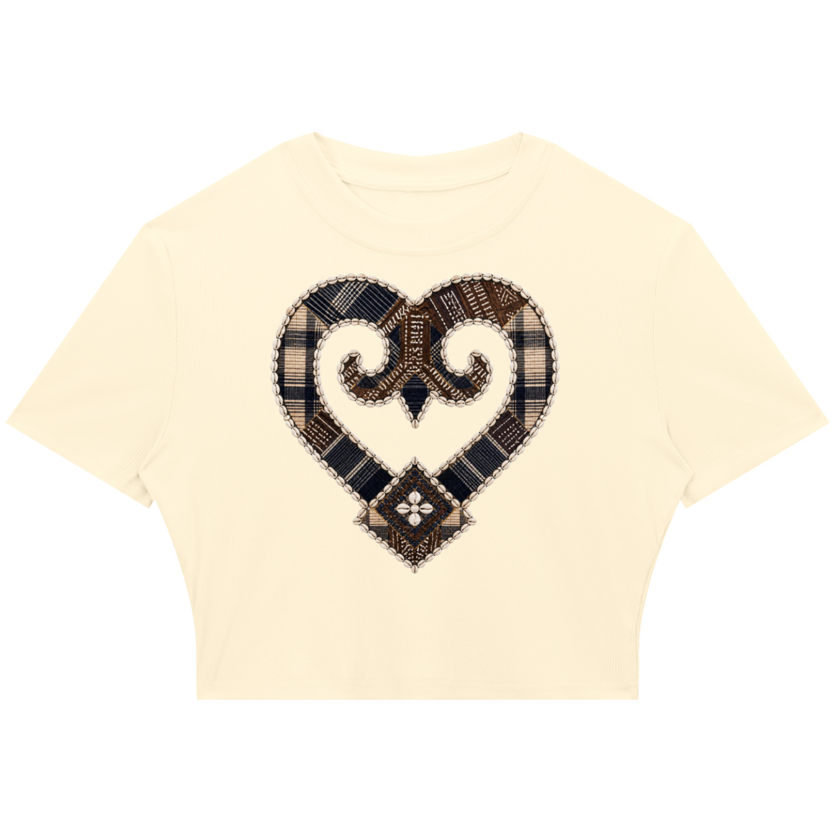 A cream-colored short-sleeve crop top featuring a large heart-shaped graphic on the chest made from plaid and patterned fabrics in brown, beige, and black.