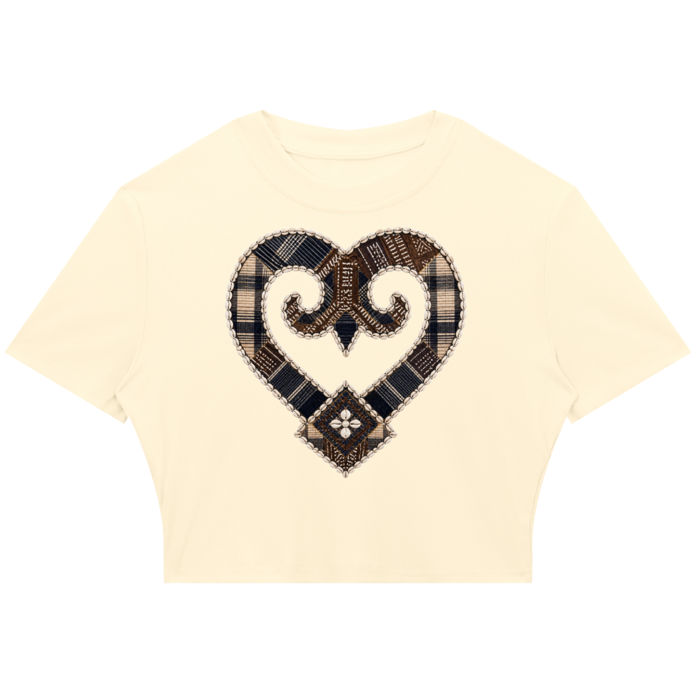A cream-colored short-sleeve crop top featuring a large heart-shaped graphic on the chest made from plaid and patterned fabrics in brown, beige, and black.