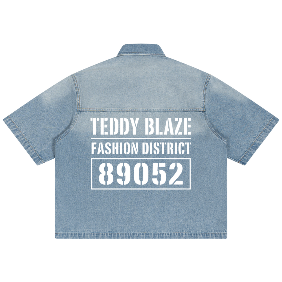 Shop the Signature Vintage Wash Boxy Short Denim Shirt by Teddy Blaze. 320 GSM light-wash short-sleeve denim shirt reflecting stealth wealth and quiet luxury from the TOPS category of The Mature Mocha Collection.