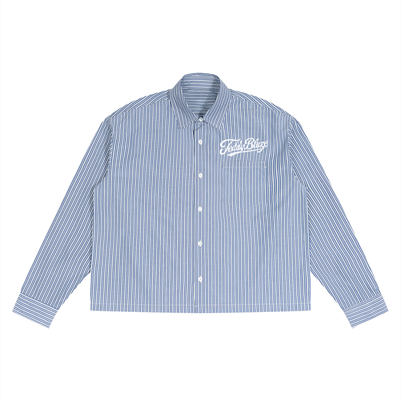 A long-sleeve button-up shirt with vertical blue and white stripes, featuring a white script logo on the left chest that reads 'Fiction Bags'. The shirt is laid flat against a solid white background.