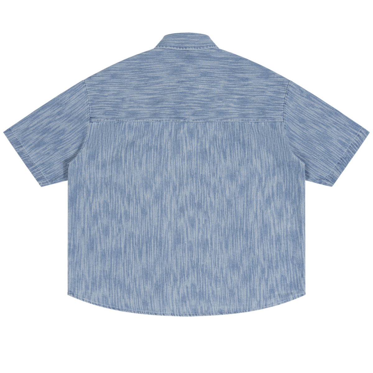 Shop the Signature Boxy Vintage Wash Denim Camp Shirt by Teddy Blaze. 230 GSM lightweight washed blue denim camp shirt with white script branding from HIGH ROLLERS OUTERWEAR.