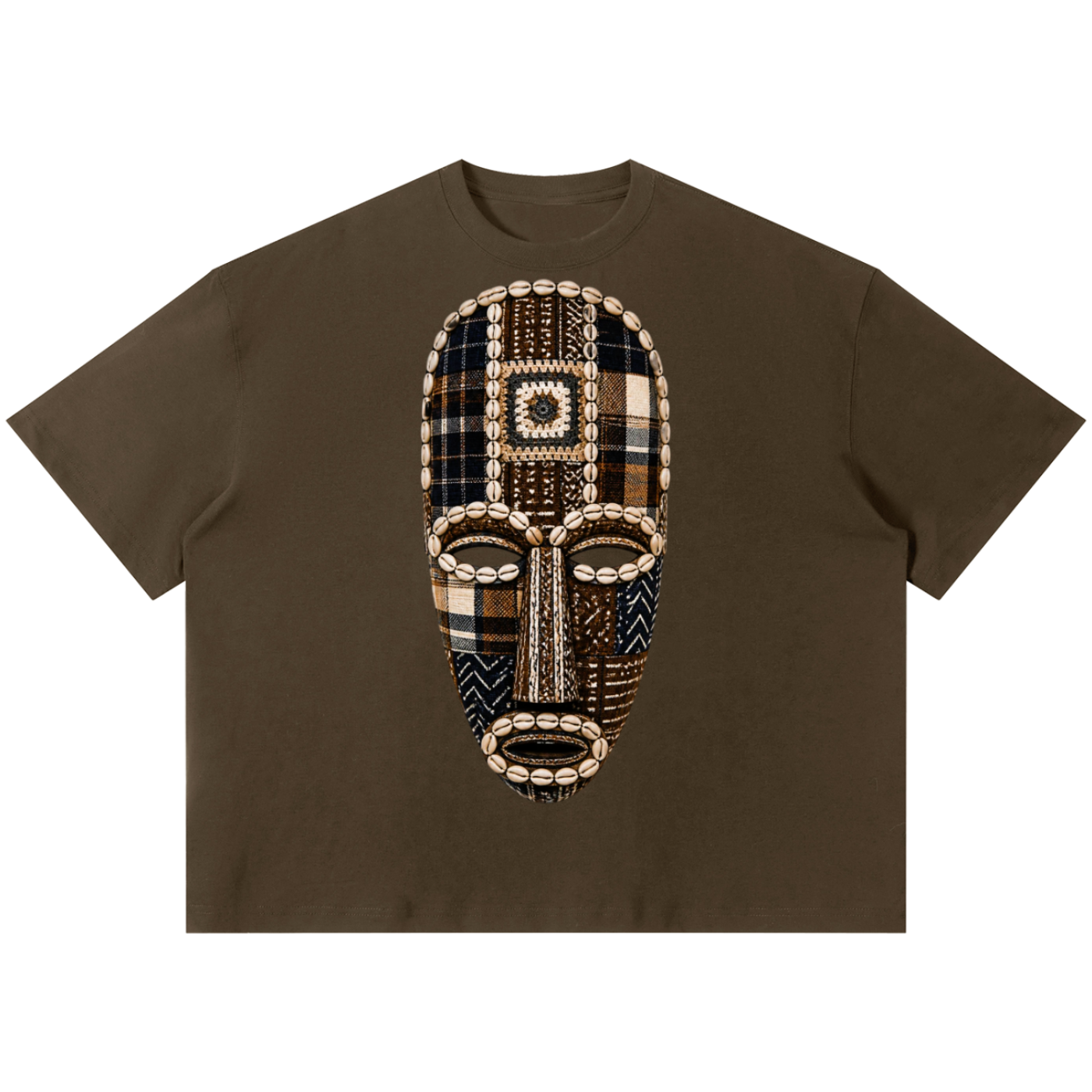 A dark brown short-sleeve t-shirt featuring a large, detailed graphic of an African tribal mask on the chest. The mask is constructed from various patterned fabrics in brown, beige, black, and blue, with intricate geometric designs.