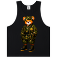 A black tank top featuring a graphic of a teddy bear wearing a green camouflage military uniform with gold accents, set against a plain white background.