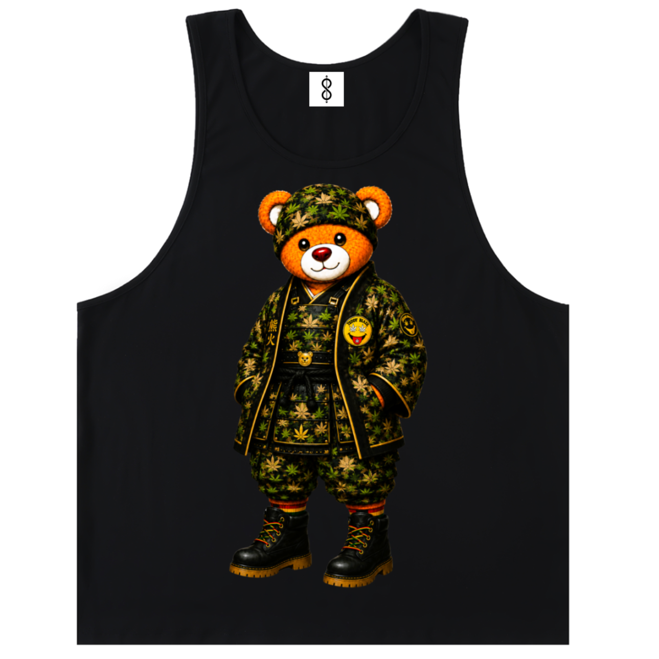 A black tank top featuring a graphic of a teddy bear wearing a green camouflage military uniform with gold accents, set against a plain white background.
