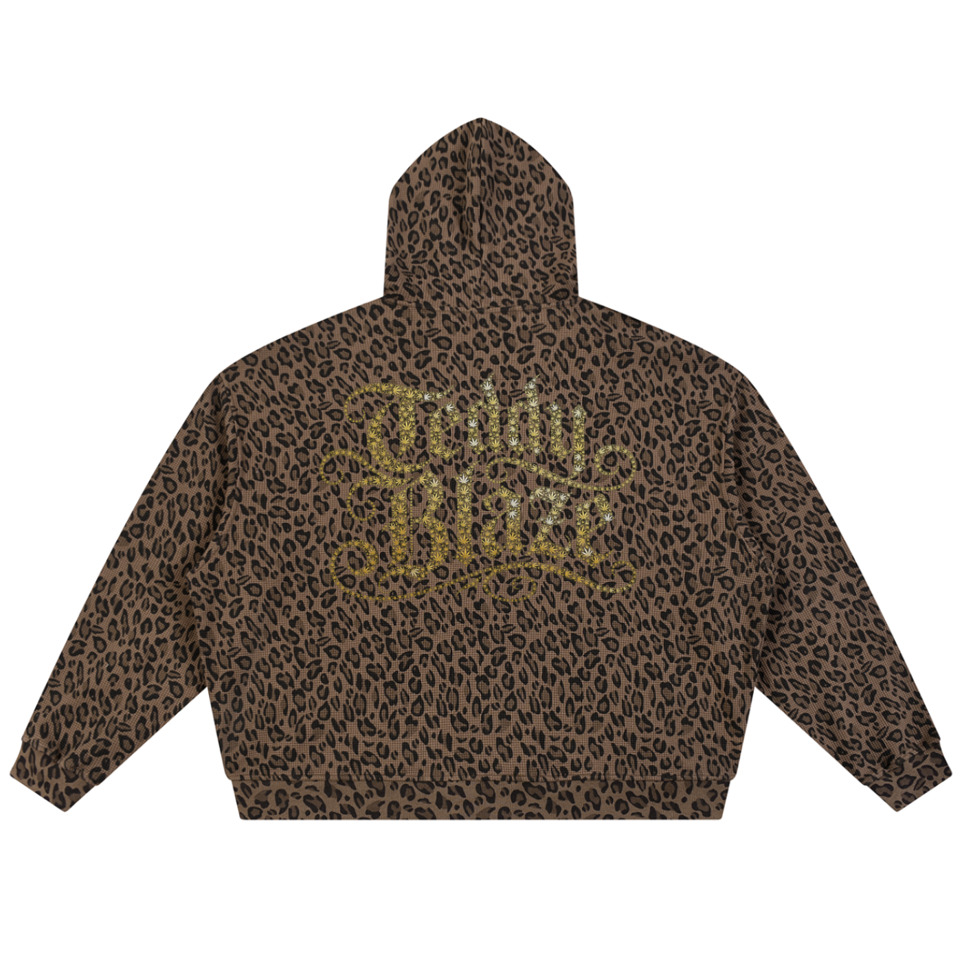 A cropped hoodie with a brown and black leopard print pattern, featuring 'Teddy Blaze' in a glittery gold script across the back, shown against a plain white background.