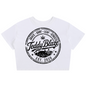 A white cropped short-sleeve t-shirt featuring a large black circular graphic on the front with the text 'Teddy Blaze' and 'EST. 2020' along with 'Skate Surf Leaf Street'.