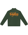 Shop the Iron + Ivy Signature Stand Collar Track Jacket by Teddy Blaze. Premium 420 GSM forest green fleece jacket with full zip, side pockets, and orange script back logo.