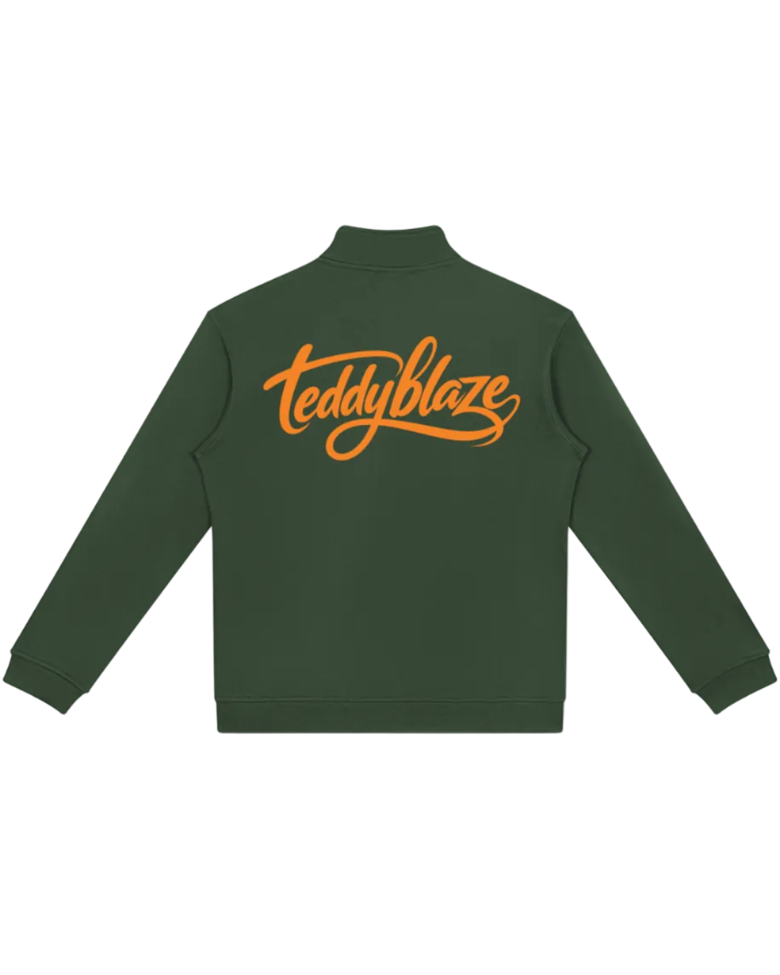 Shop the Iron + Ivy Signature Stand Collar Track Jacket by Teddy Blaze. Premium 420 GSM forest green fleece jacket with full zip, side pockets, and orange script back logo.