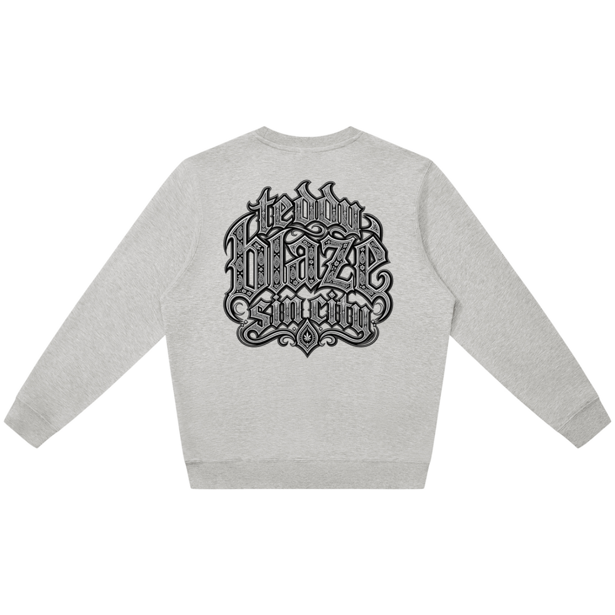 Elevate your cool-weather layers with the Teddy Blaze Sin City Sacred Jumper. Heather gray cotton-blend crewneck with tattoo praying hands and Sin City back print. Shop NYC to Vegas style.