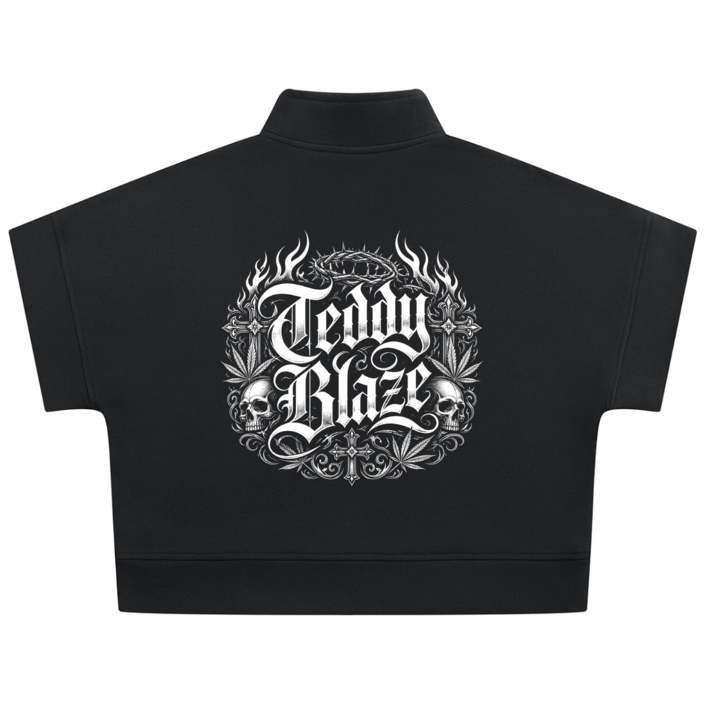Shop the Signature Blazehead Quarter-Zip Crop Top by Teddy Blaze. Heavyweight black fleece short-sleeve crop top featuring gothic crest graphics from THE BLAZE WOMAN.