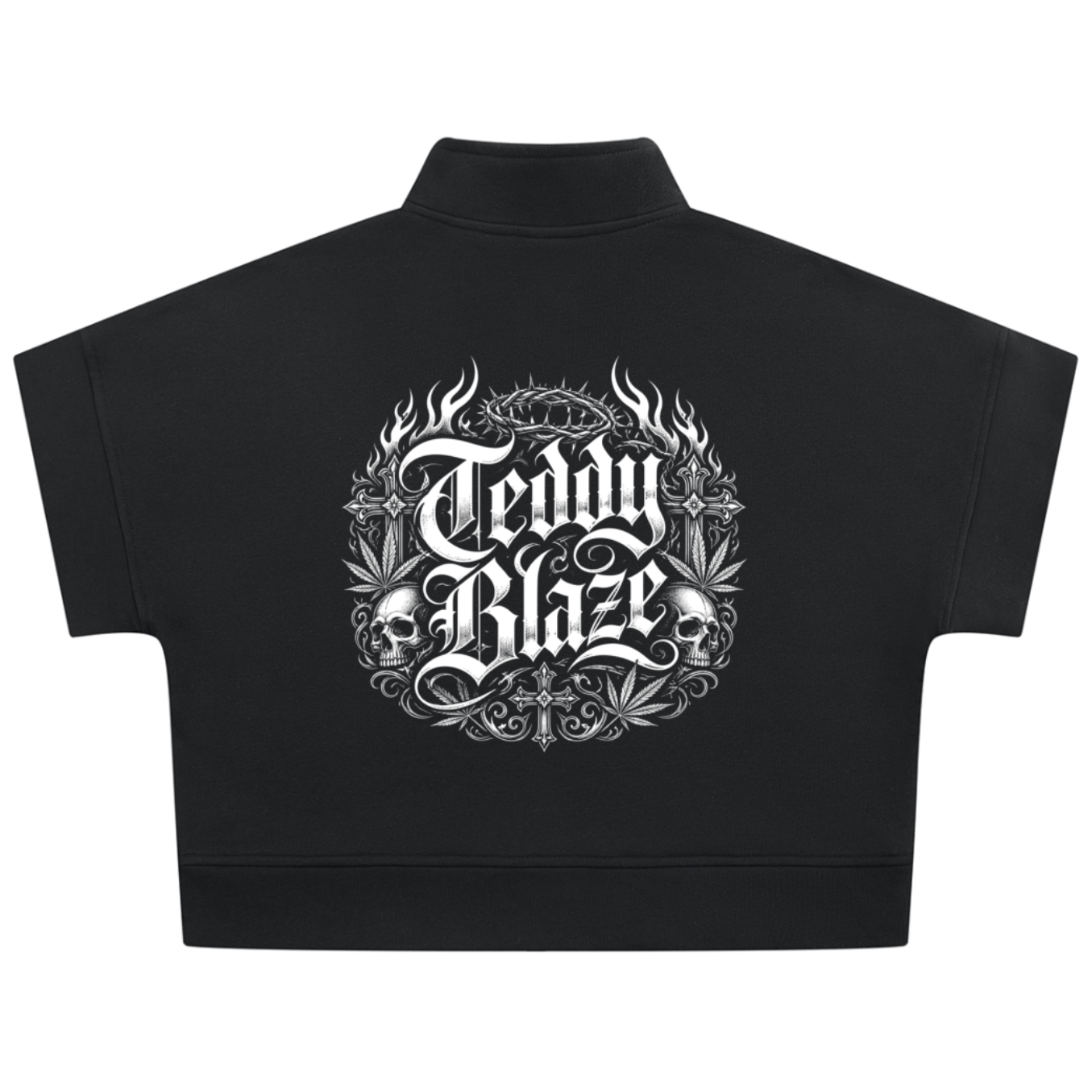 Shop the Signature Blazehead Quarter-Zip Crop Top by Teddy Blaze. Heavyweight black fleece short-sleeve crop top featuring gothic crest graphics from THE BLAZE WOMAN.