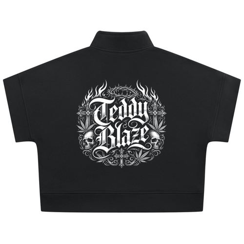 Shop the Signature Blazehead Quarter-Zip Crop Top by Teddy Blaze. Heavyweight black fleece short-sleeve crop top featuring gothic crest graphics from THE BLAZE WOMAN.